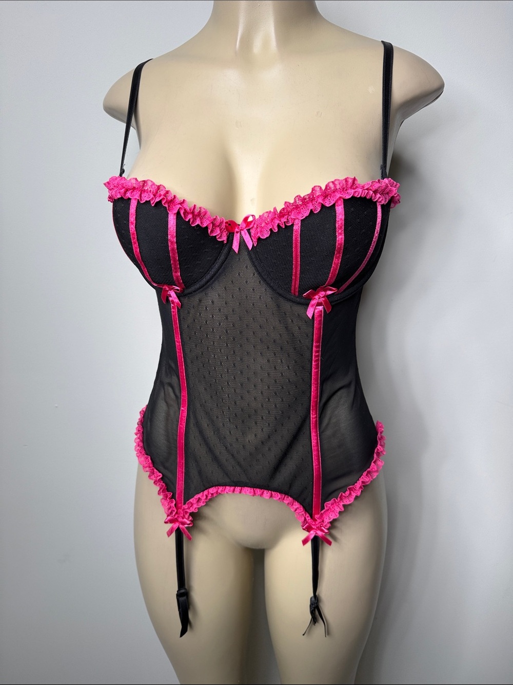 Victoria's Secret Black and Hot Pink Lace-Trim Bustier Bodysuit